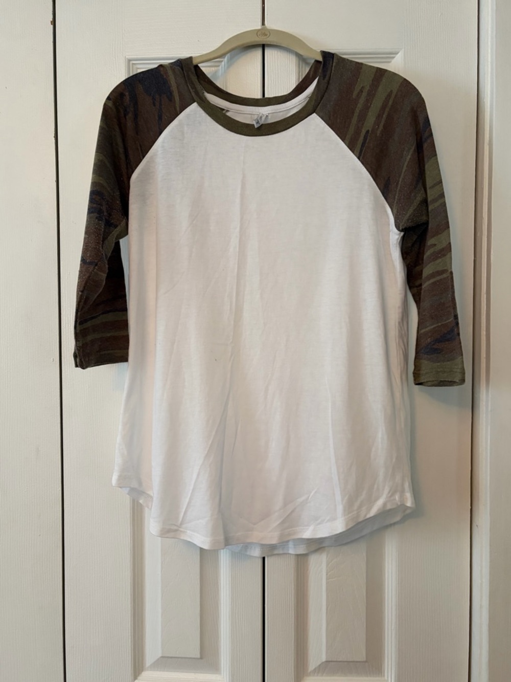 Z Supply White Raglan Tee with Olive Camo Sleeves